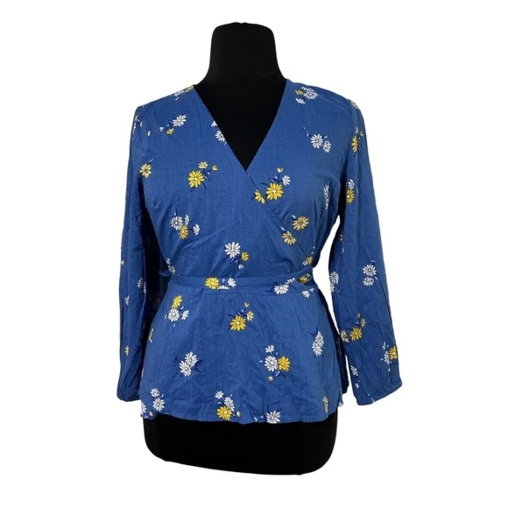 Old Navy Women Large Blue Floral Daisy Wrap Top V-Neck Long Sleeve Blouse NEW